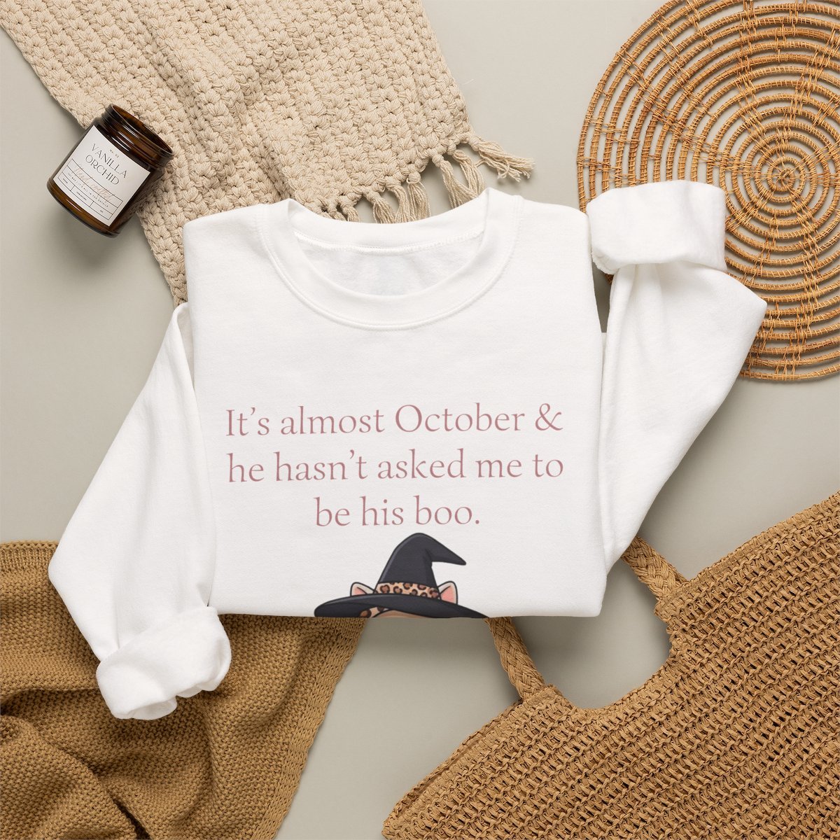 Cute Leopard Ghost Cat Halloween Unisex Sweatshirt | Funny October Fall Crewneck Detail