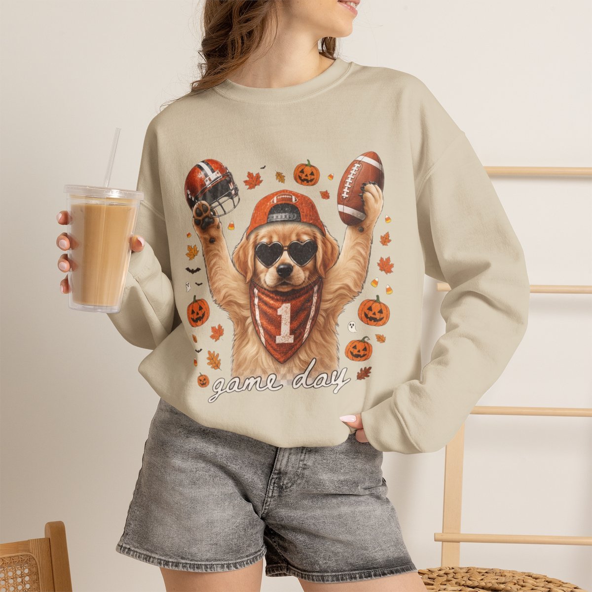 Cute Golden Retriever Football Halloween Sweatshirt for Dog Lovers Sand