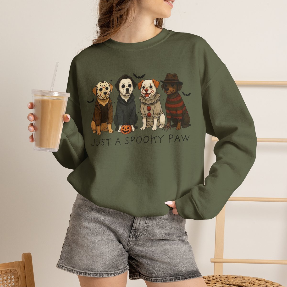 Unisex Halloween Dog Sweatshirt | Cute Horror Movie Fan Cozy Crewneck Military Green