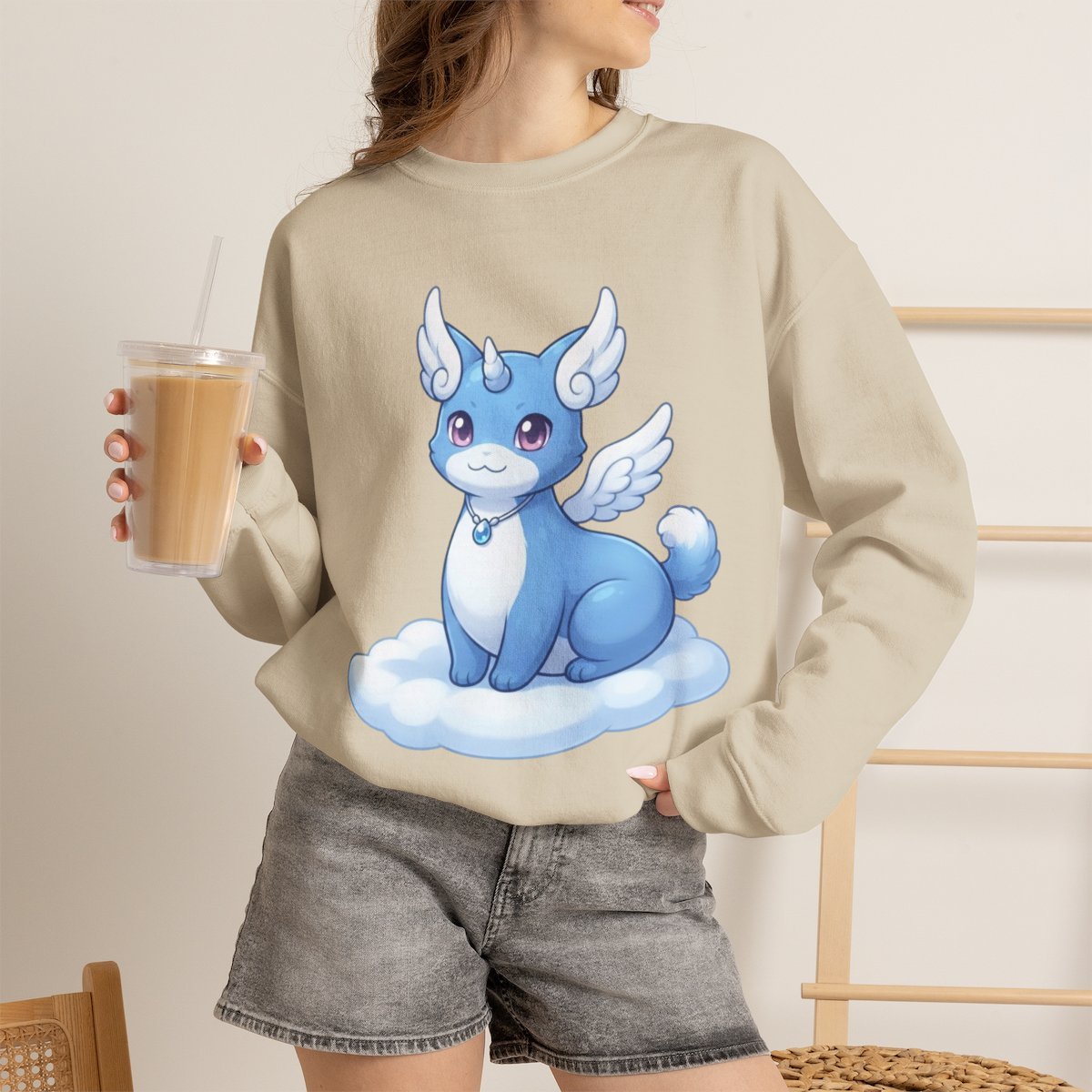 Cute Celestial Cloud Cat Unisex Sweatshirt | Aesthetic Pet Lover Gift Sand