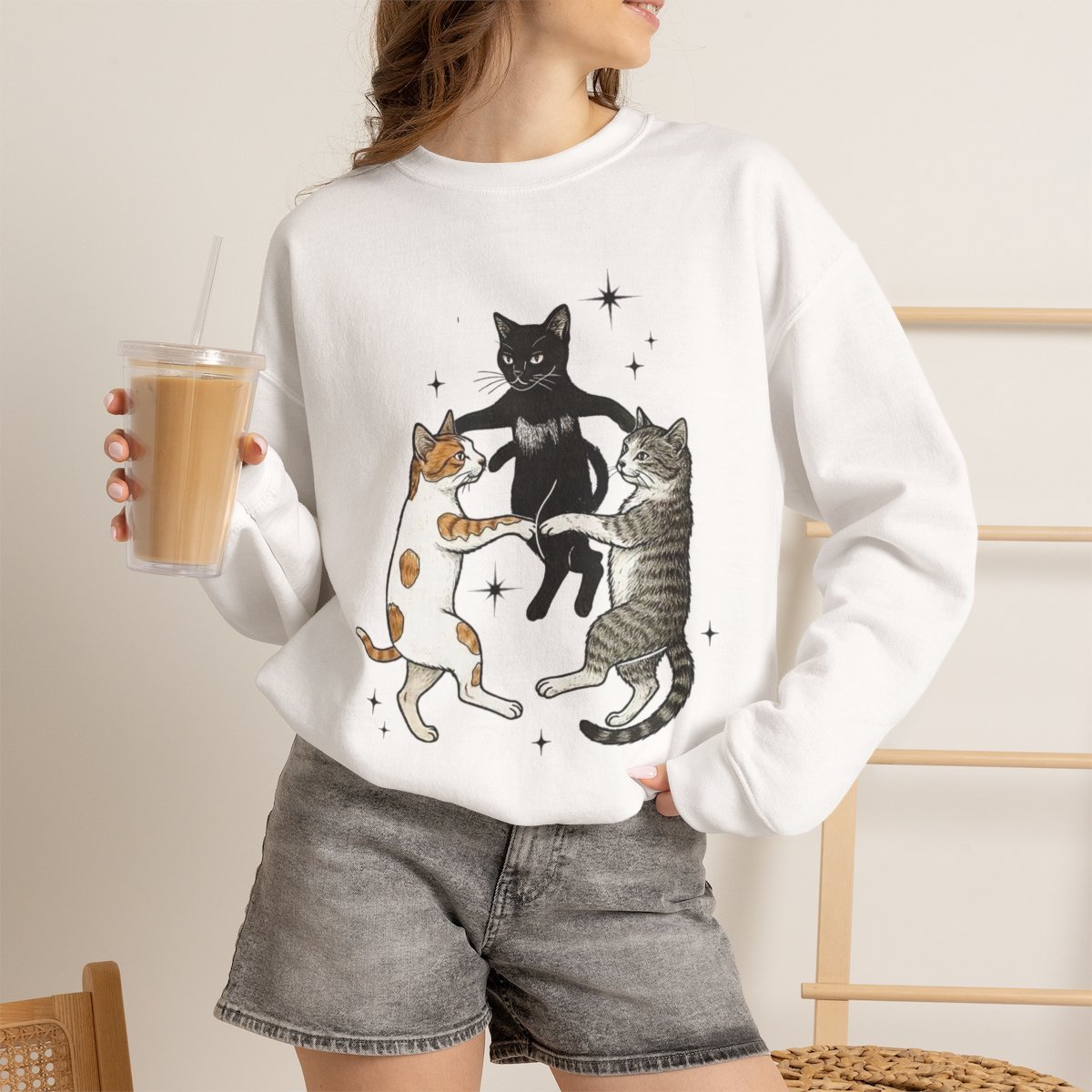 r6mtr3.jpg Magical Dancing Cats Unisex Cozy Sweatshirt for Cat Lovers White