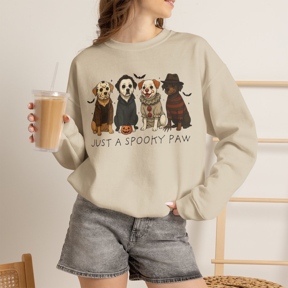 Unisex Halloween Dog Sweatshirt | Cute Horror Movie Fan Cozy Crewneck Sand