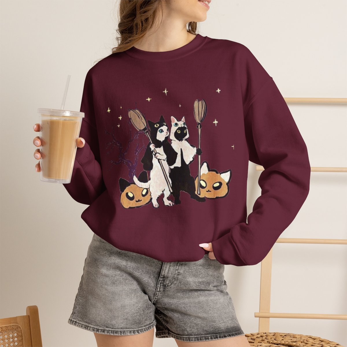 Unisex Cute Witch Cat Halloween Sweatshirt | Spooky Pet Lover Gift Maroon
