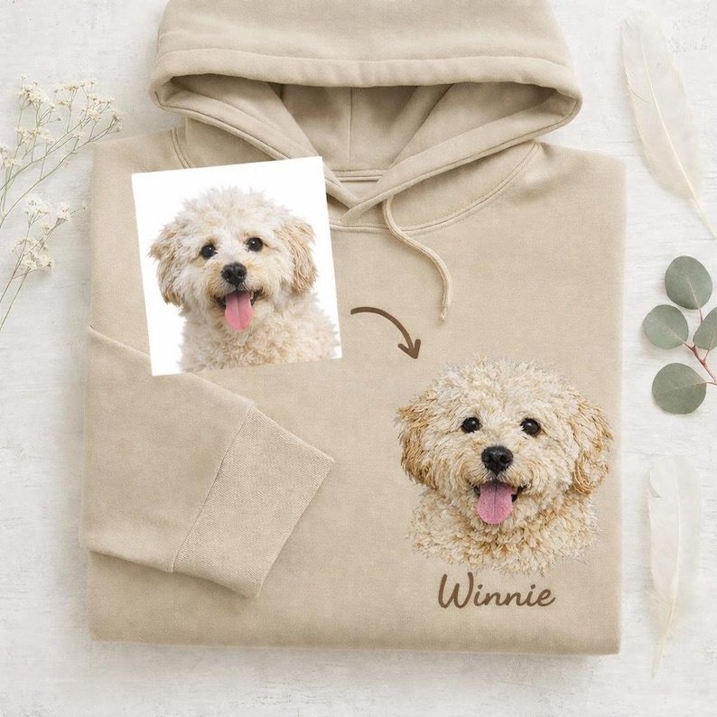Unisex Custom Pet Portrait Embroidered Hoodie, Personalized Dog or Cat Photo Swearshirt, Pet Lover Gift, Dog Mom Mothers Day Gift, Cat Dad Pullover Military Green