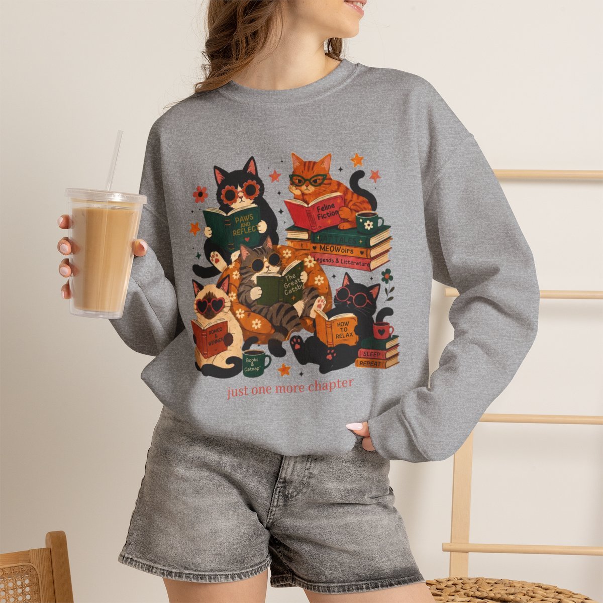 rbl8dr.jpg Unisex Cozy Cat Book Club Sweatshirt - Cute Feline Reading Pullover Gift Sport Grey