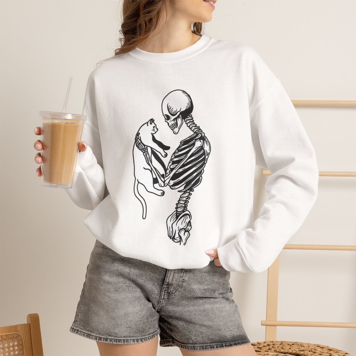 Skeleton Cat Unisex Sweatshirt | Spooky Cat Lover Gift & Apparel White