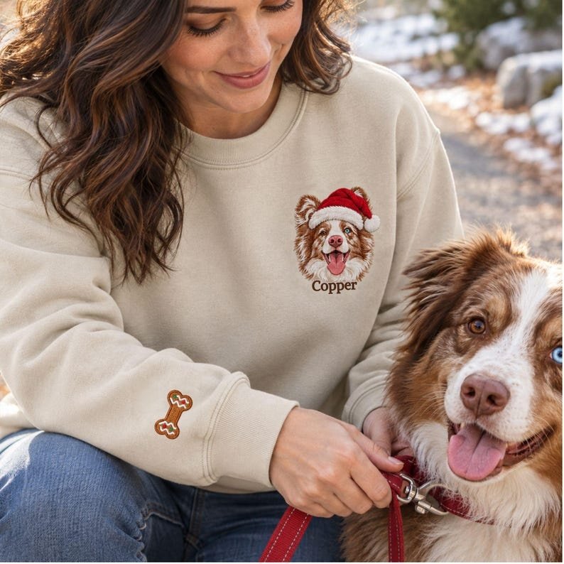 Unisex Custom Pet Portrait Christmas Sweatshirt - Embroidered Dog Santa Hat Sweater - Personalized Holiday Dog Mom Gift - Christmas Outfit Black
