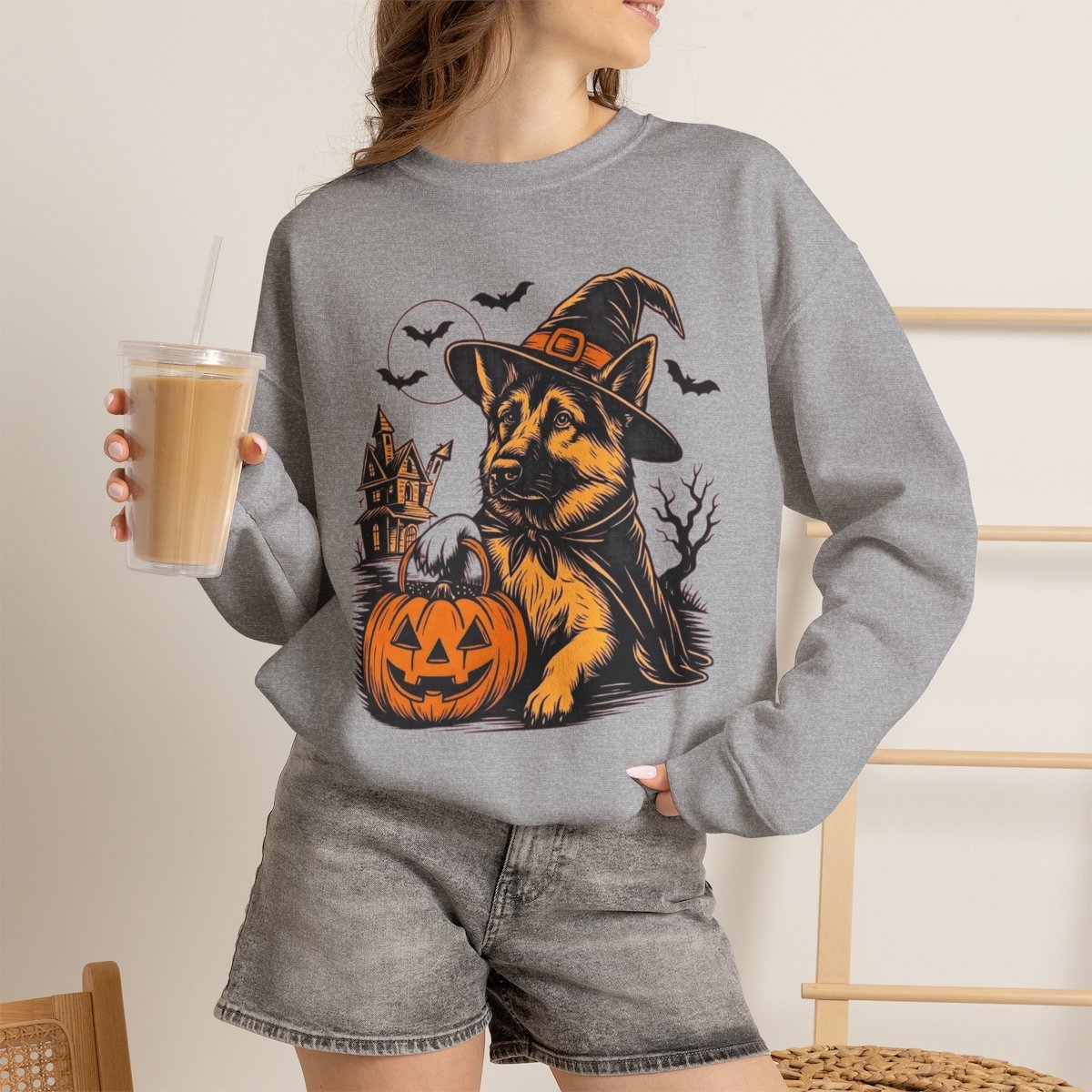 rhk4v2.jpg Spooky German Shepherd Witch Halloween Unisex Sweatshirt - Cute Dog Lover Gift Idea Sport Grey