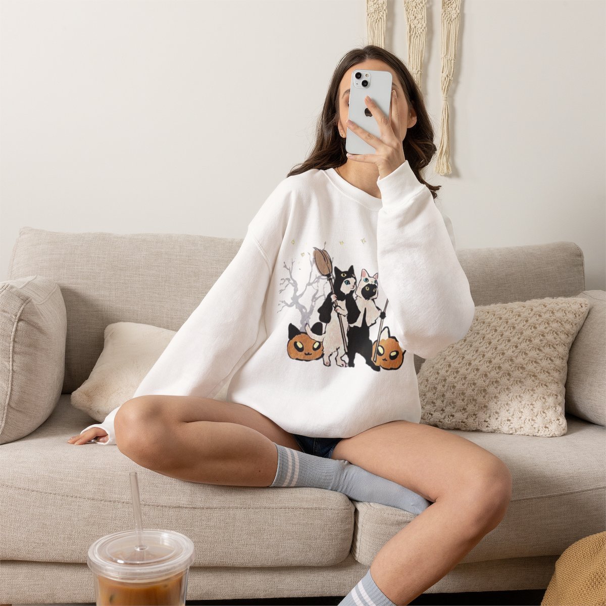 Unisex Cute Witch Cat Halloween Sweatshirt | Spooky Pet Lover Gift Detail