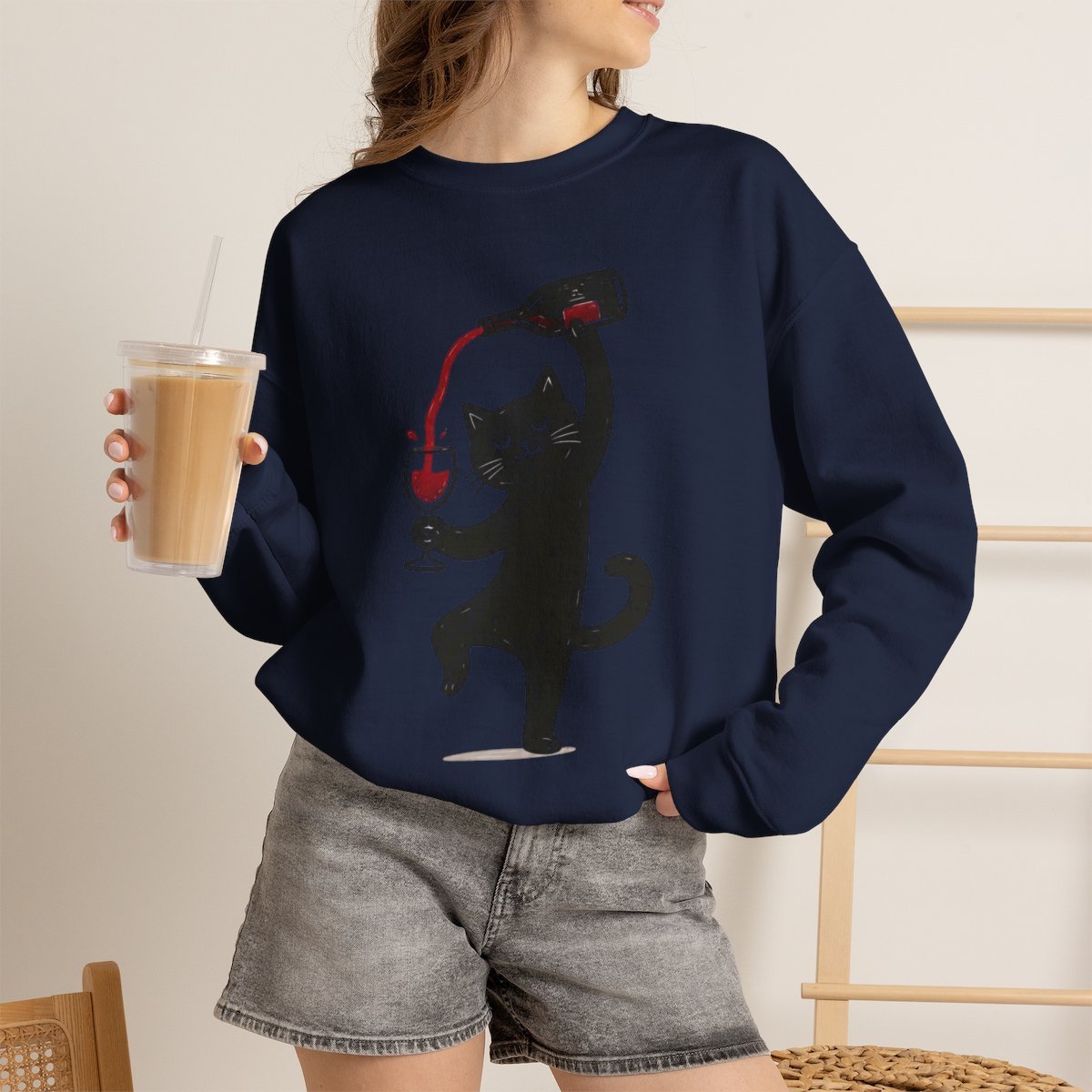 Cute Black Cat Pouring Wine Unisex Sweatshirt - Funny Wine Lover Gift Idea Navy