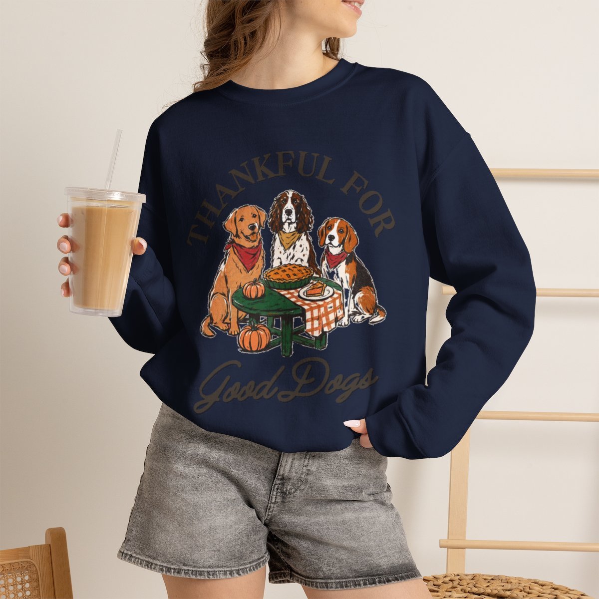 Thankful For Good Dogs Unisex Thanksgiving Sweatshirt - Cozy Fall Dog Lover Gift Navy
