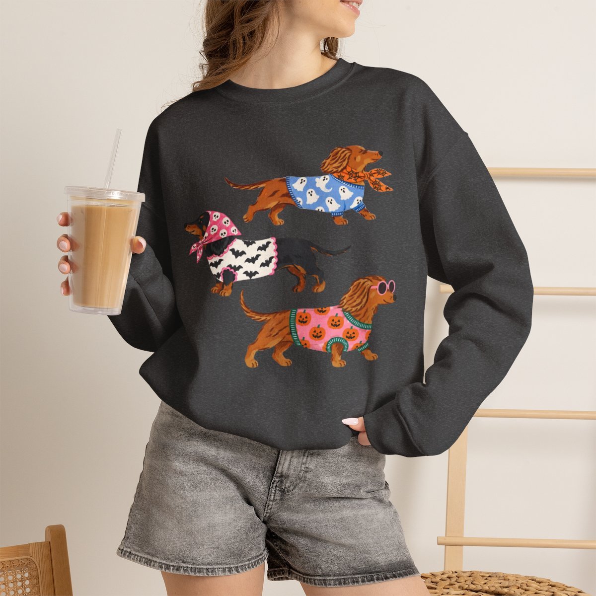 Unisex Cute Halloween Dachshund Sweatshirt for Dog Lovers Dark Heather
