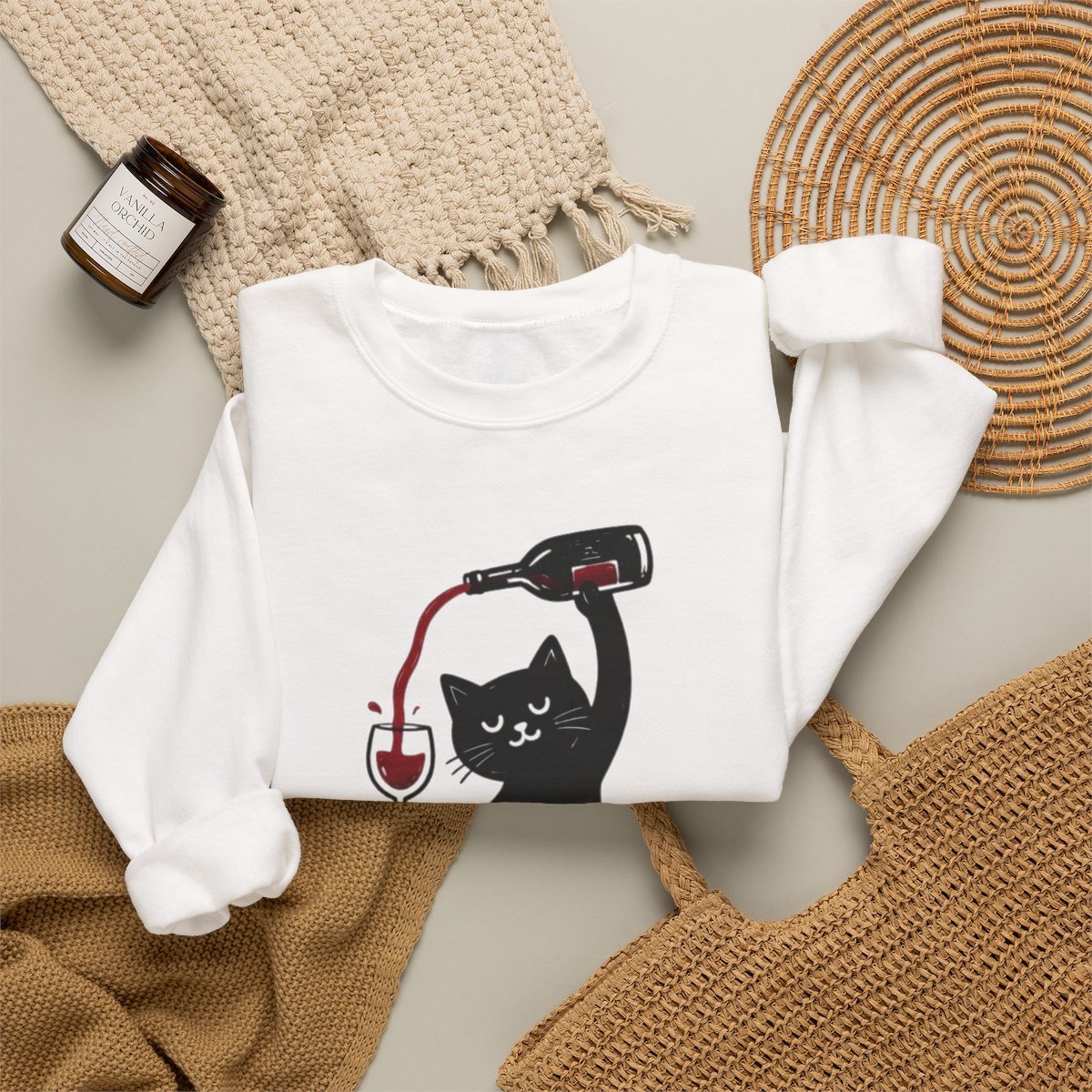 Cute Black Cat Pouring Wine Unisex Sweatshirt - Funny Wine Lover Gift Idea Detail