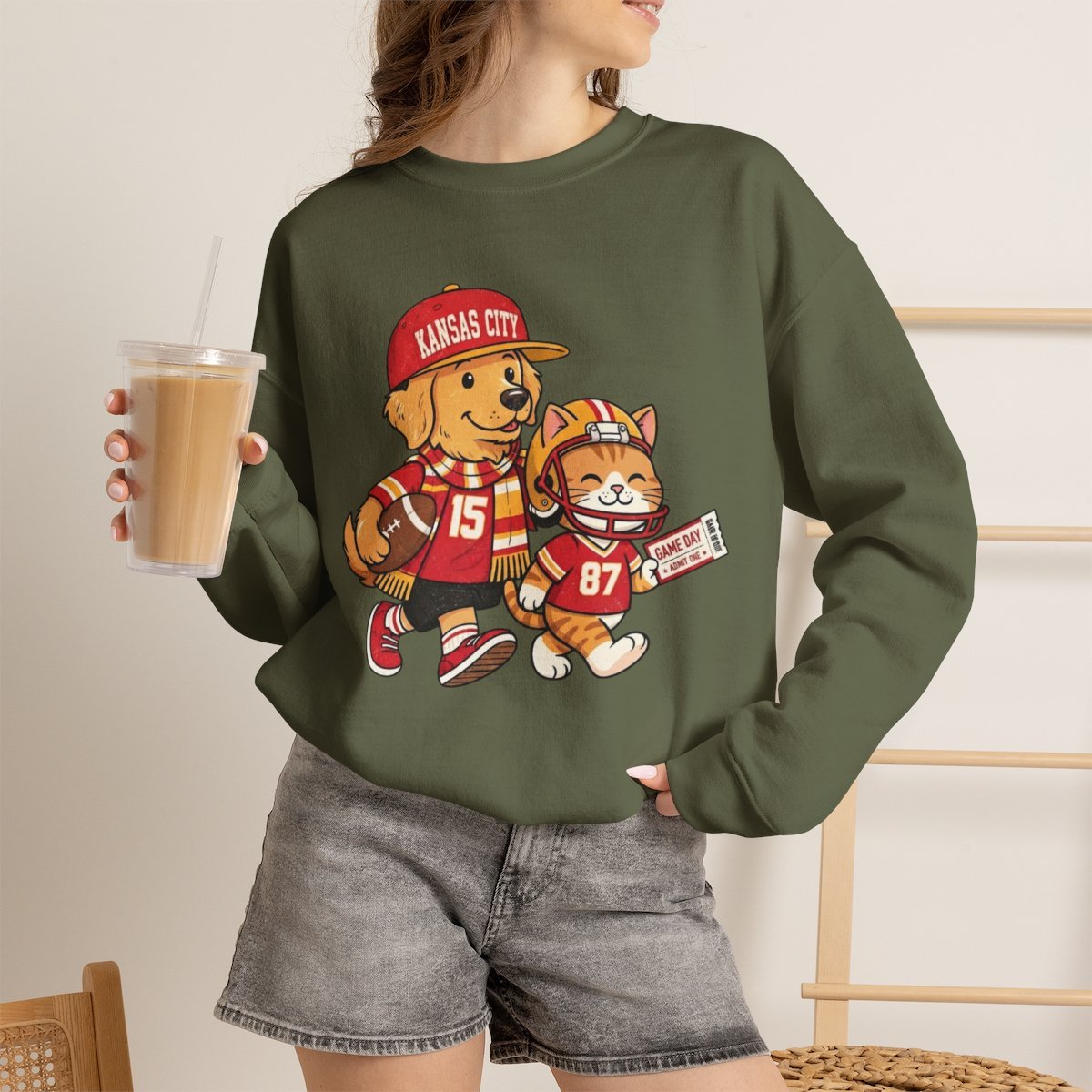 Cute KC Football Dog and Cat Game Day Unisex Crewneck Sweatshirt Military Green