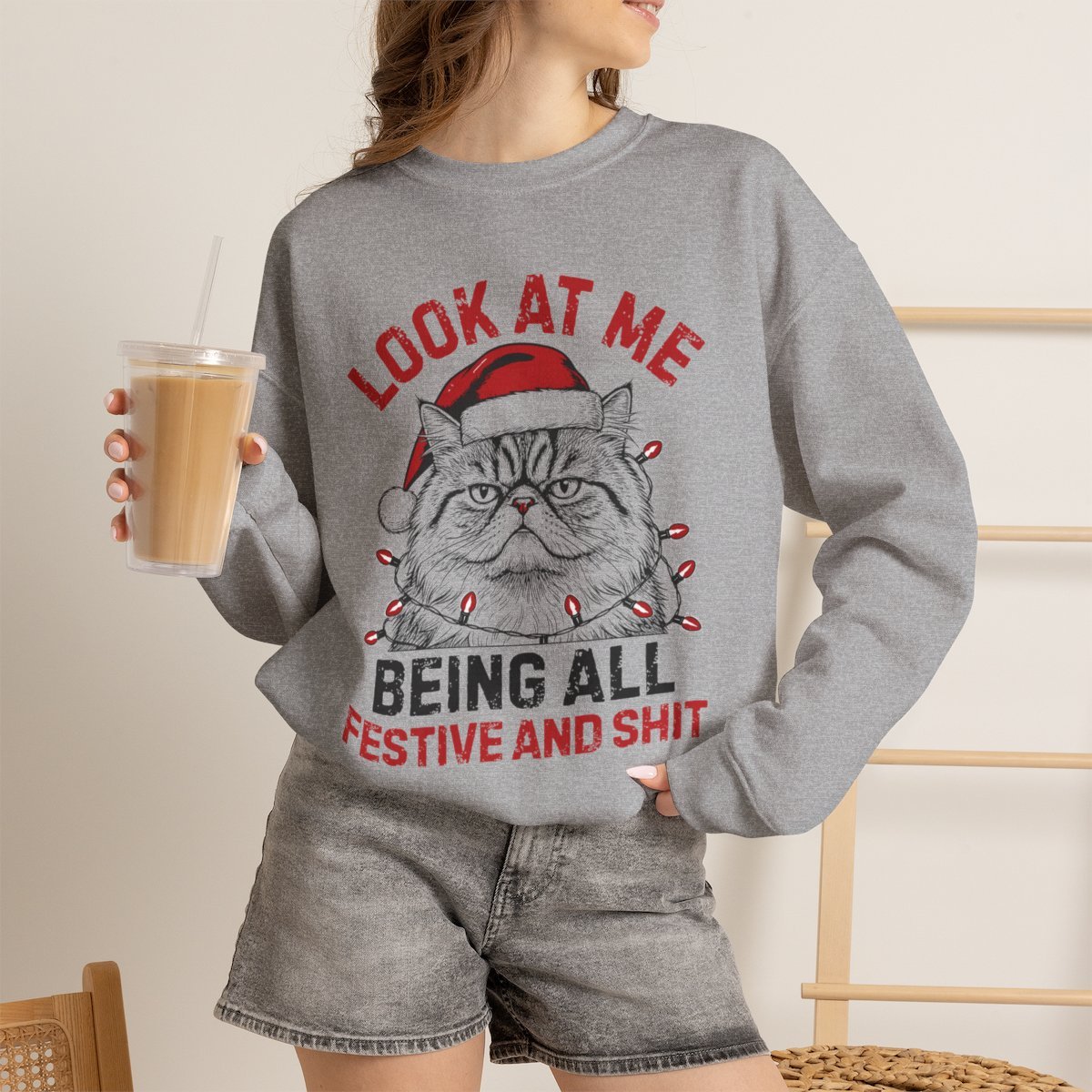 Funny Grumpy Cat Christmas Unisex Sweatshirt - Perfect Holiday Gift for Cat Lovers Sport Grey