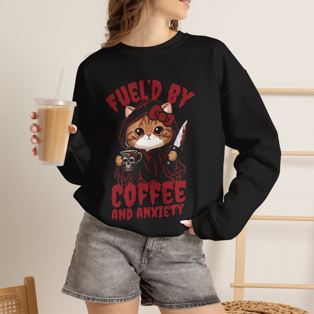 Funny Coffee Cat Unisex Sweatshirt | Goth Cat Lover Gift Black