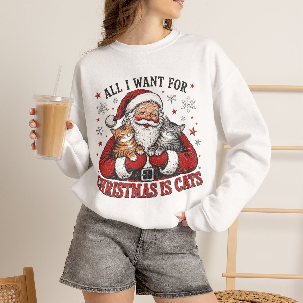 All I Want For Christmas Is Cats Unisex Sweatshirt | Cute Cat Lover Holiday Gift White