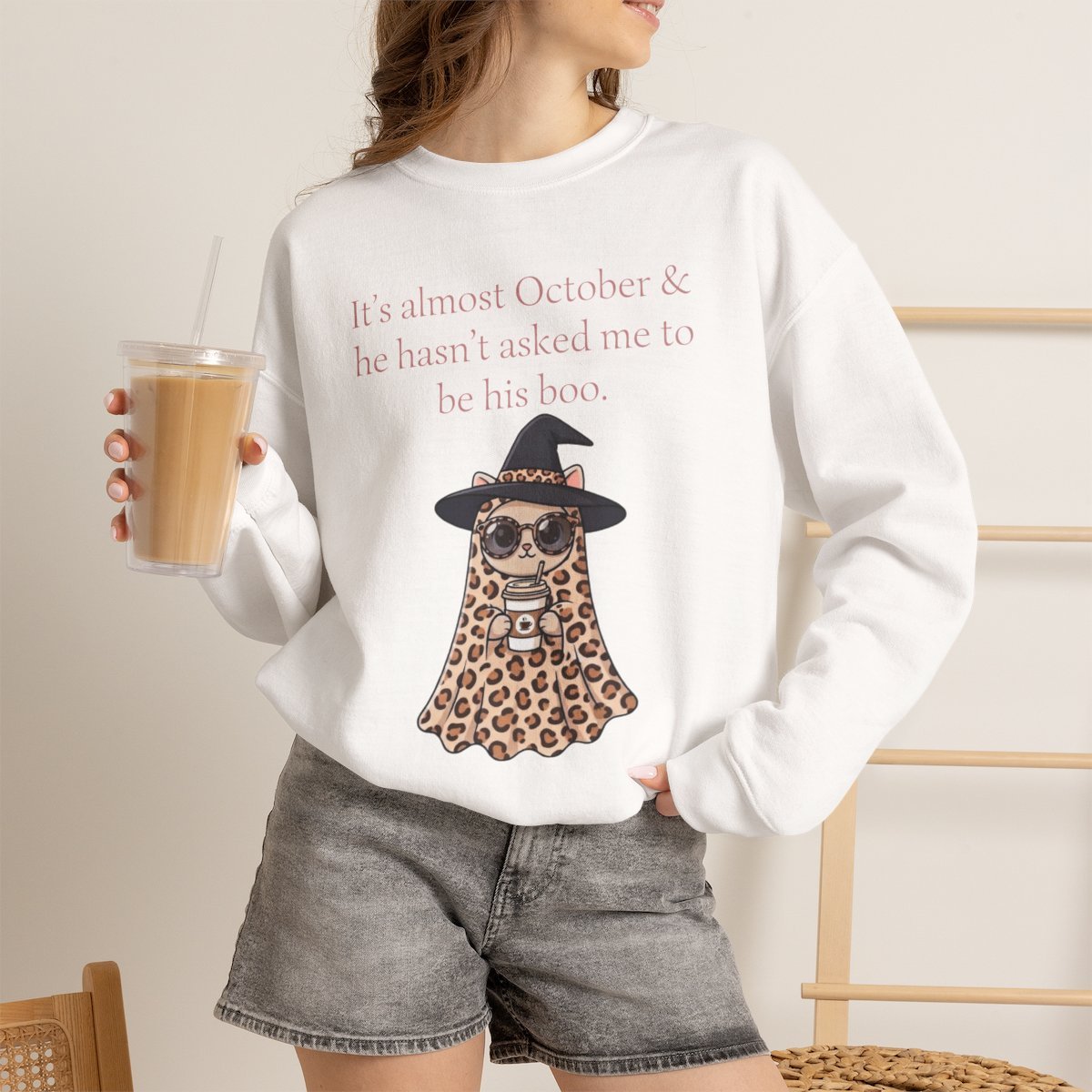 Cute Leopard Ghost Cat Halloween Unisex Sweatshirt | Funny October Fall Crewneck White