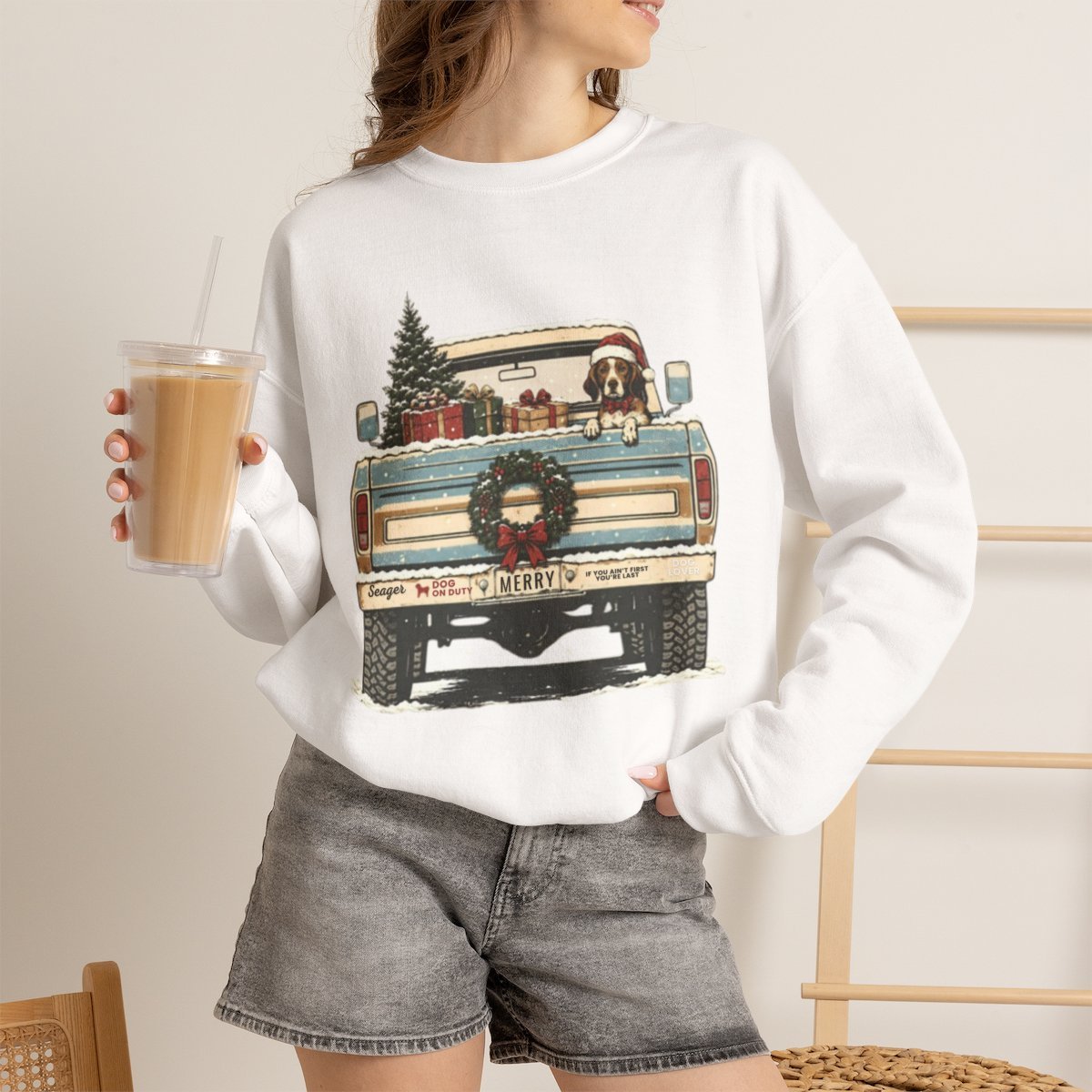 s701sj.jpg Vintage Christmas Dog Truck Unisex Hoodie | Festive Holiday Pet Lover Gift White