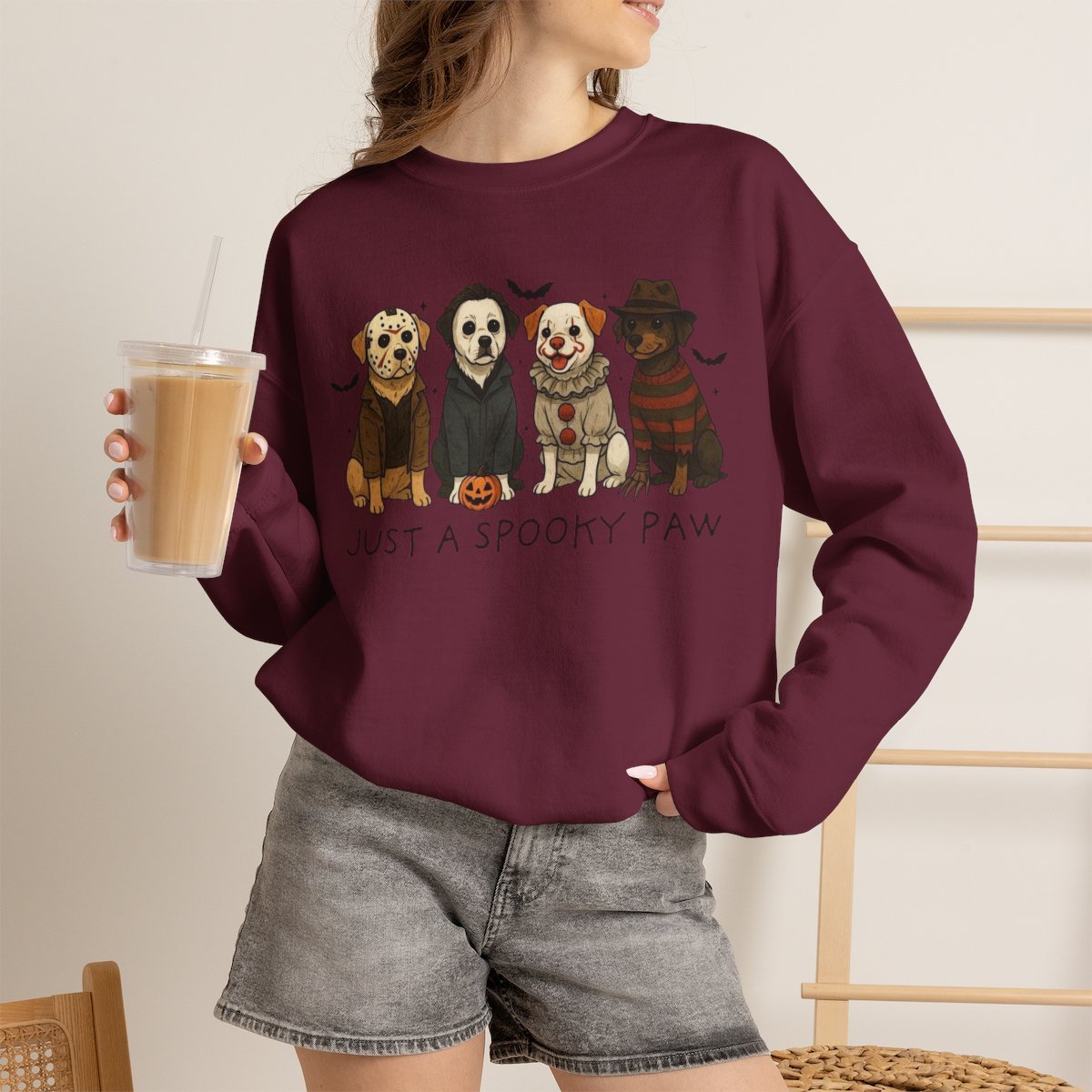Unisex Halloween Dog Sweatshirt | Cute Horror Movie Fan Cozy Crewneck Maroon