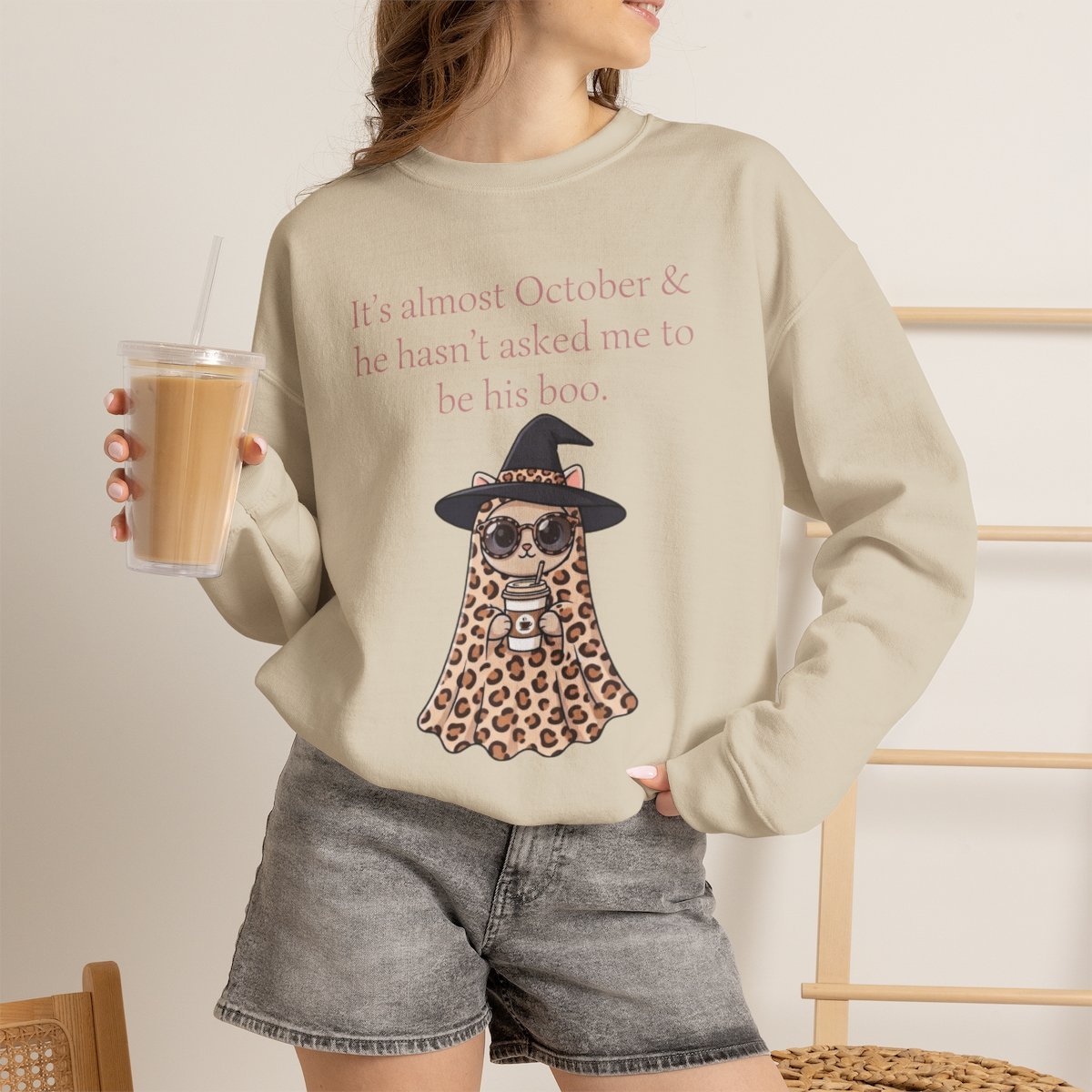Cute Leopard Ghost Cat Halloween Unisex Sweatshirt | Funny October Fall Crewneck Sand