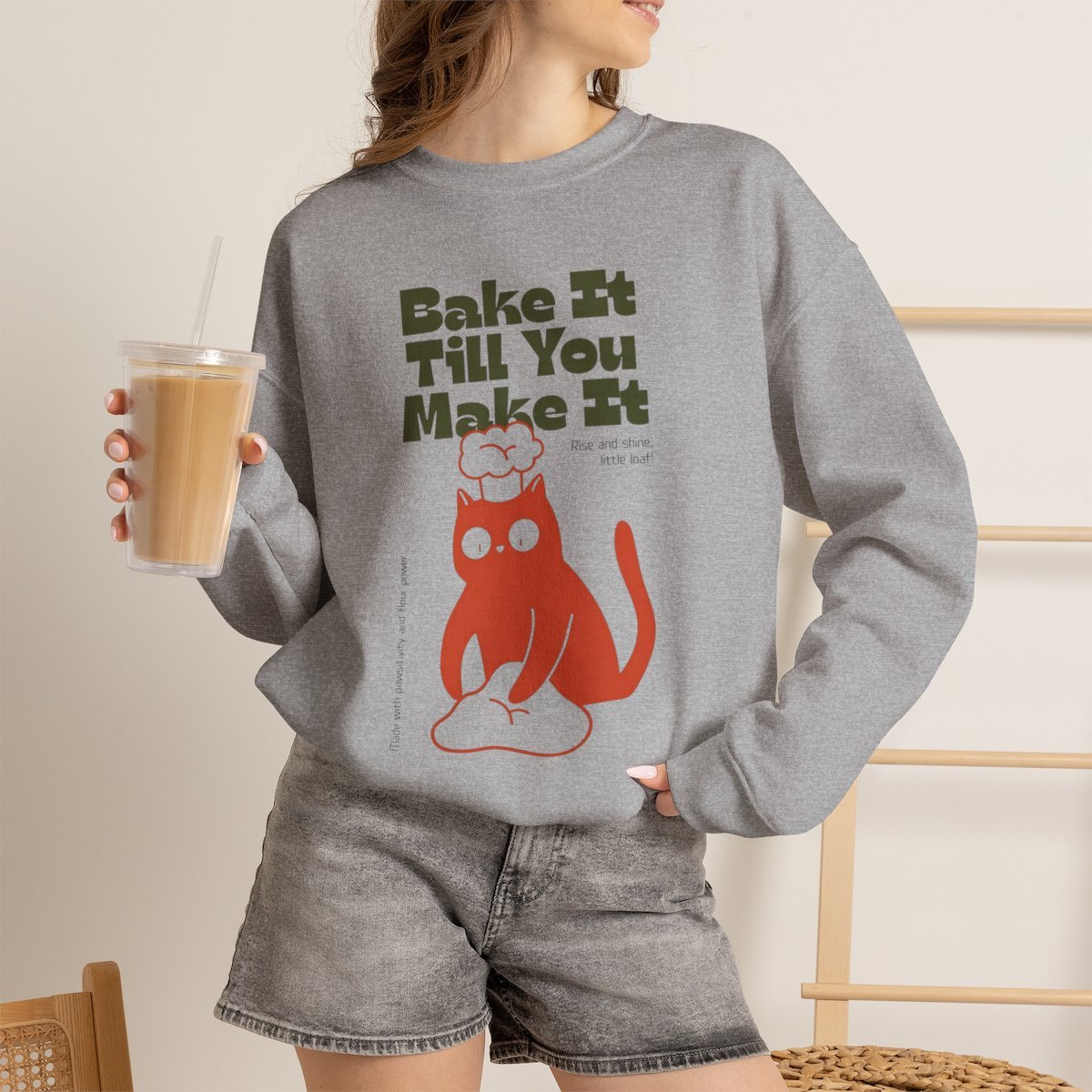 Unisex Bake It Till You Make It Cat Sweatshirt | Cute Baker Crewneck Gift Sport Grey