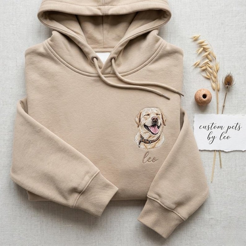 Unisex Custom Pet Portrait Embroidered Hoodie, Personalized Dog or Cat Photo Swearshirt, Pet Lover Gift, Dog Mom Mothers Day Gift, Cat Dad Pullover White