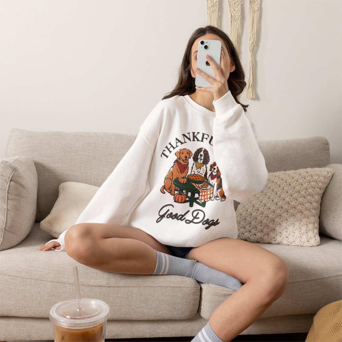Thankful For Good Dogs Unisex Thanksgiving Sweatshirt - Cozy Fall Dog Lover Gift Detail