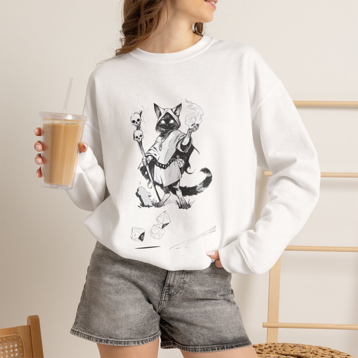 Unisex Cat Necromancer Graphic Sweatshirt | D&D Wizard Cat Gamer Gift White