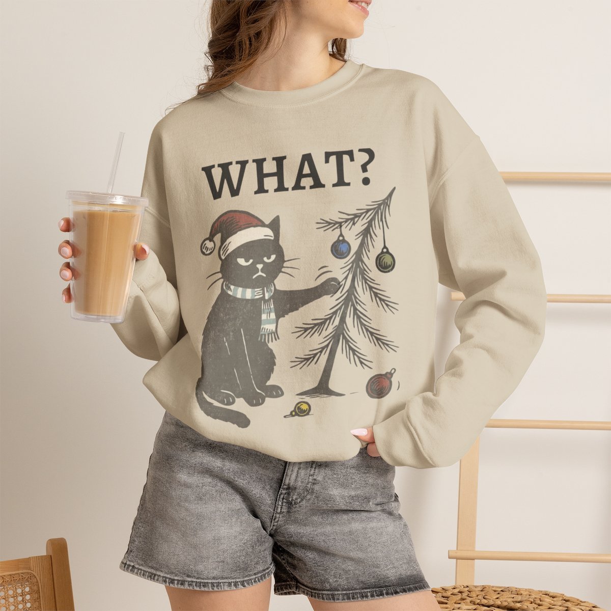 Unisex Funny Black Cat Christmas Sweatshirt | Cute Holiday Gift for Cat Lovers Sand