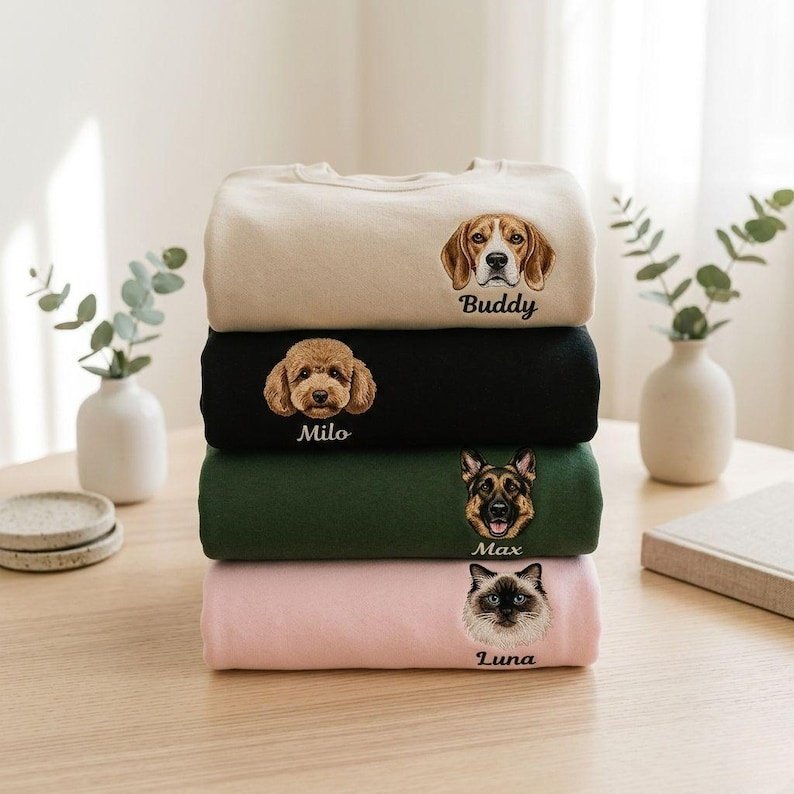 Unisex Custom Pet Portrait Embroidered Hoodie, Personalized Dog or Cat Photo Swearshirt, Pet Lover Gift, Dog Mom Mothers Day Gift, Cat Dad Pullover Dark Heather