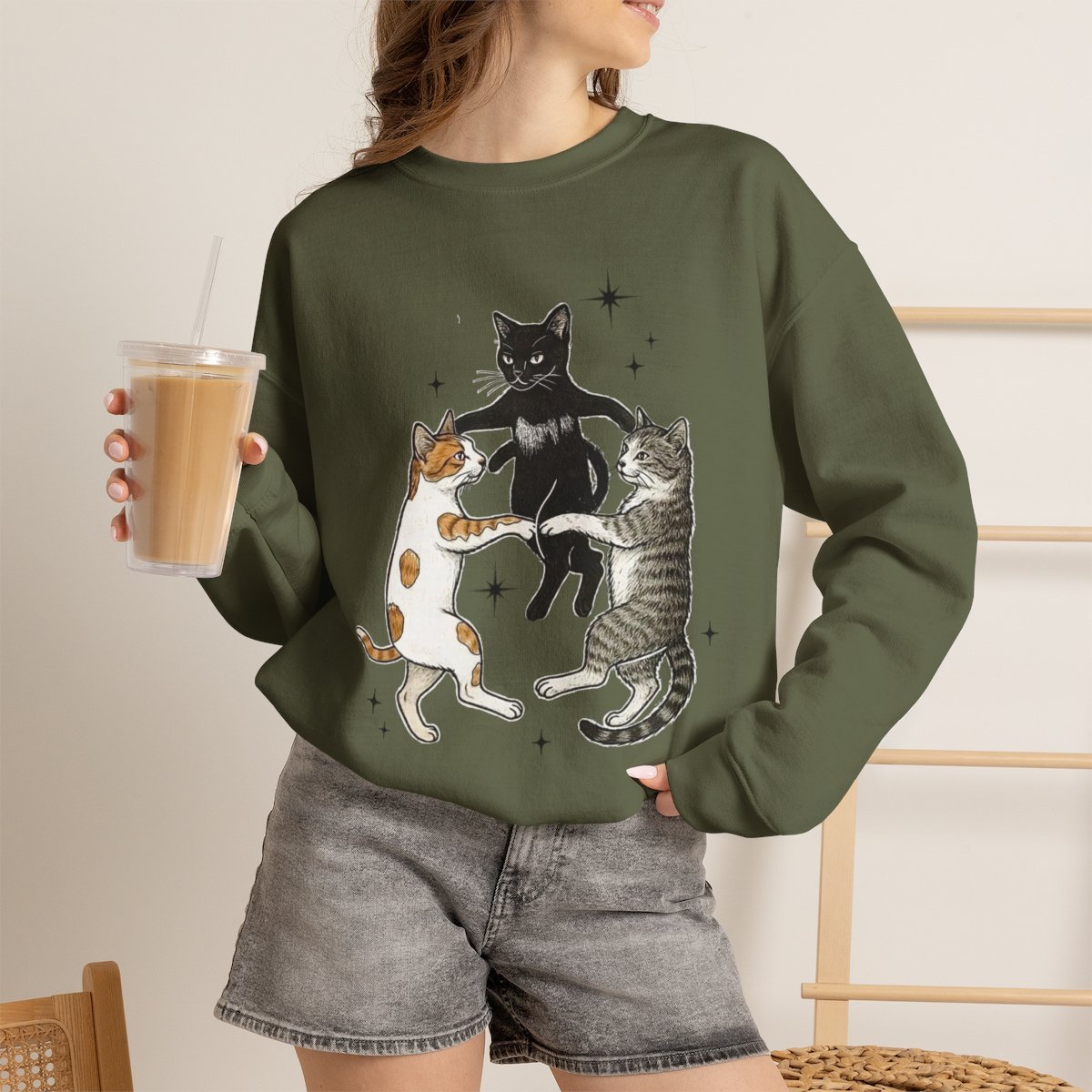 Magical Dancing Cats Unisex Cozy Sweatshirt for Cat Lovers Military Green