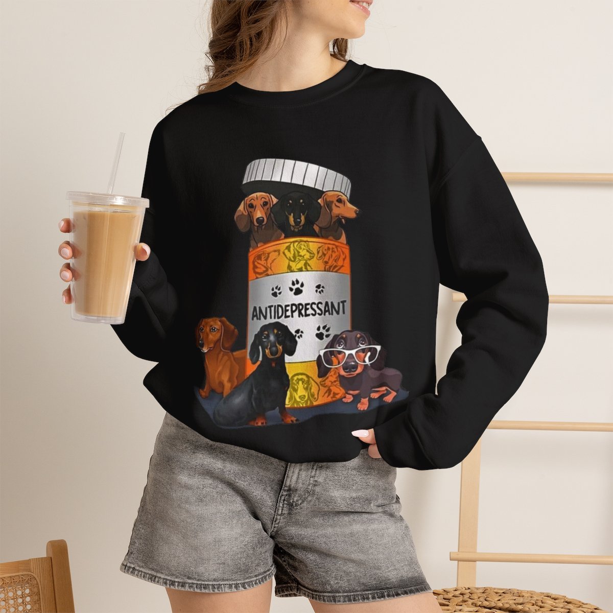 Funny Dachshund Antidepressant Unisex Sweatshirt | Cute Wiener Dog Gift Black