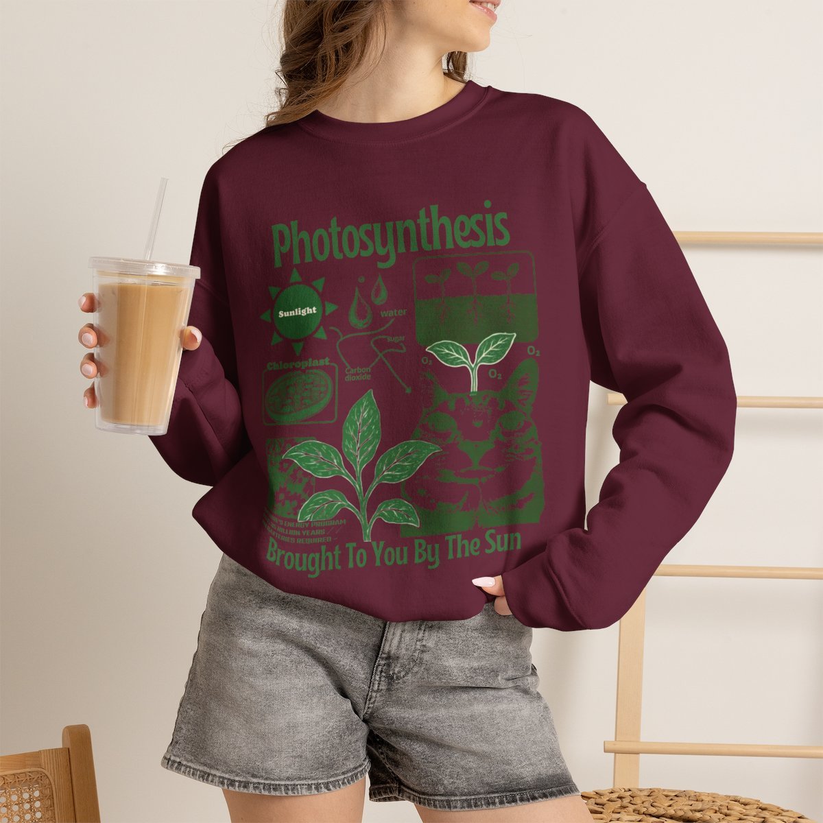 Unisex Funny Cat Photosynthesis Graphic Sweatshirt for Nature Lovers Maroon