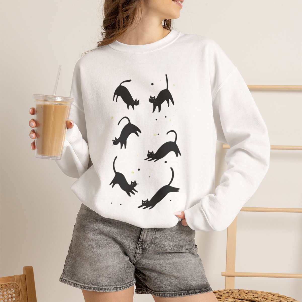 Unisex Cute Black Cat Sweatshirt for Cat Lovers and Pet Parents White
