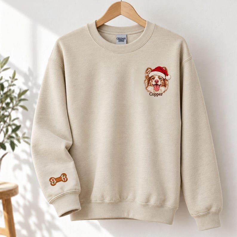 Unisex Custom Pet Portrait Christmas Sweatshirt - Embroidered Dog Santa Hat Sweater - Personalized Holiday Dog Mom Gift - Christmas Outfit Sand