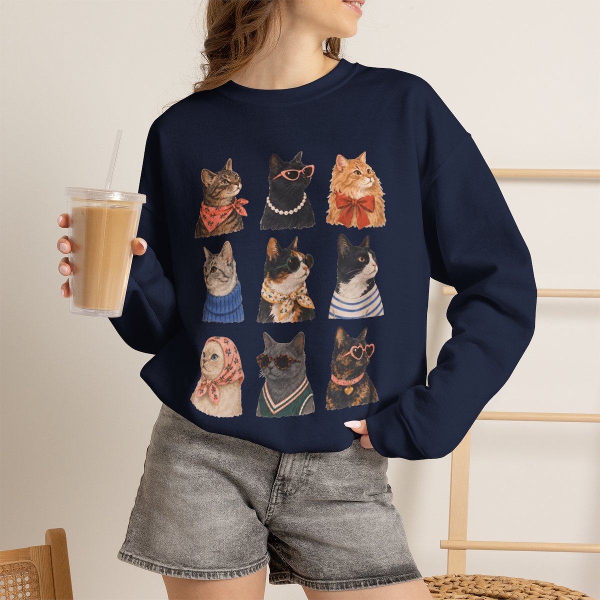 Cute Retro Cat Lover Unisex Crewneck Sweatshirt Cozy Autumn Gift Navy