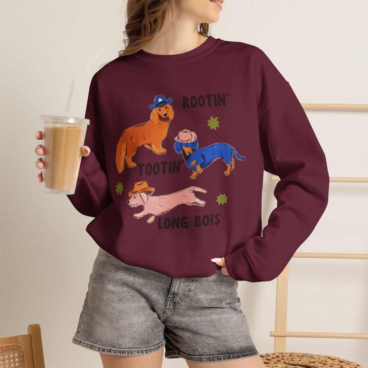 Unisex Cute Dachshund Cowboy Sweatshirt | Rootin Tootin Long Bois Maroon