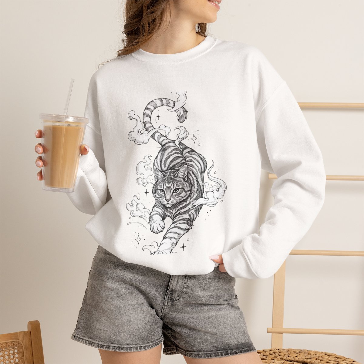tx3fgl.jpg Celestial Mystic Cat Unisex Sweatshirt | Witchy Feline Line Art White