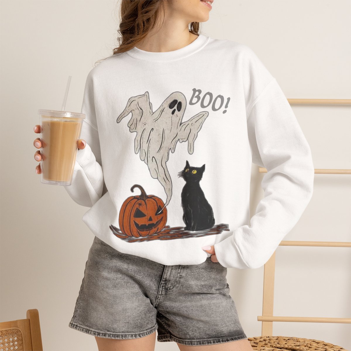 Spooky Ghost Cat Unisex Sweatshirt | Cute Halloween Pet Lover Gift White