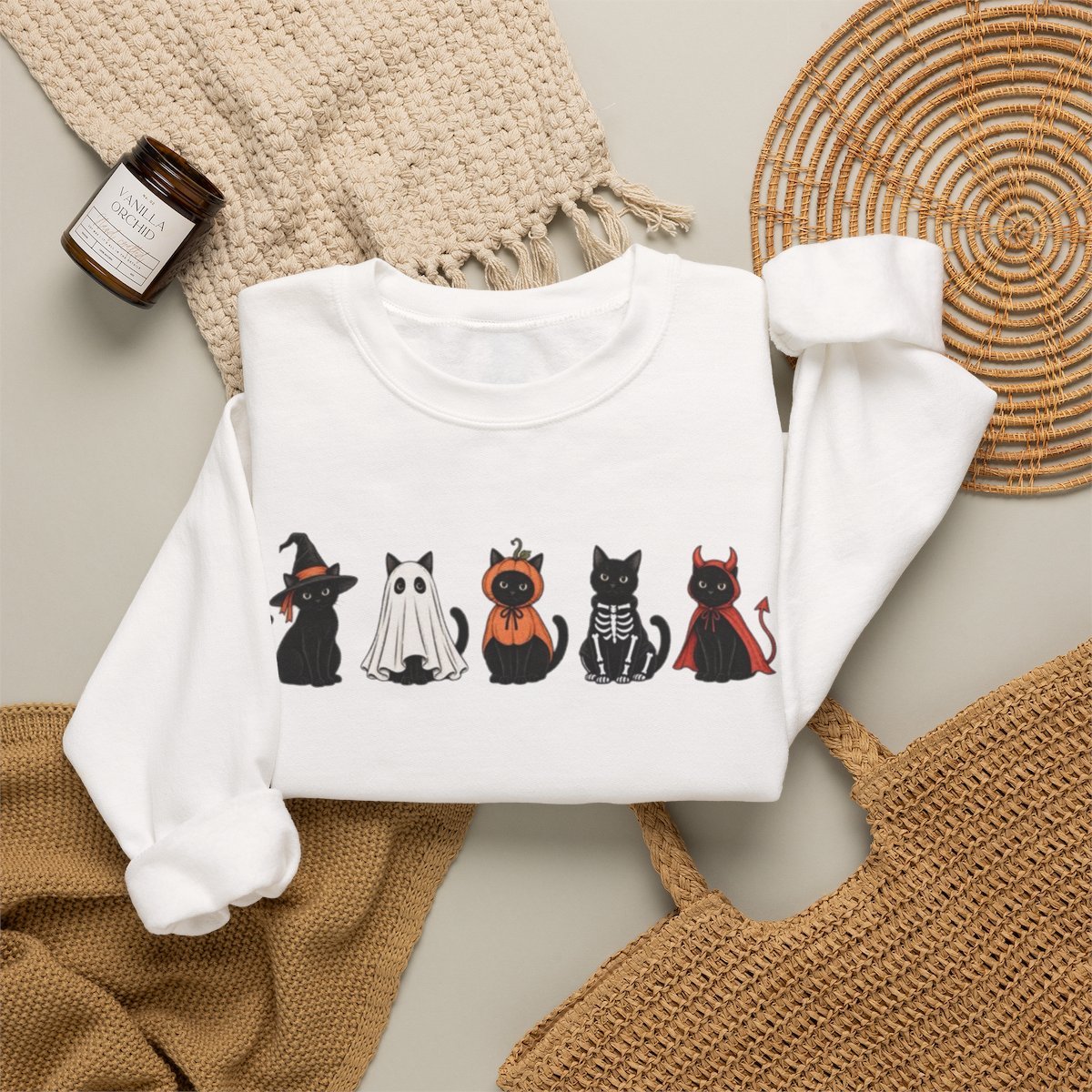 Unisex Cute Halloween Black Cat Costume Sweatshirt | Cozy Spooky Season Crewneck Detail