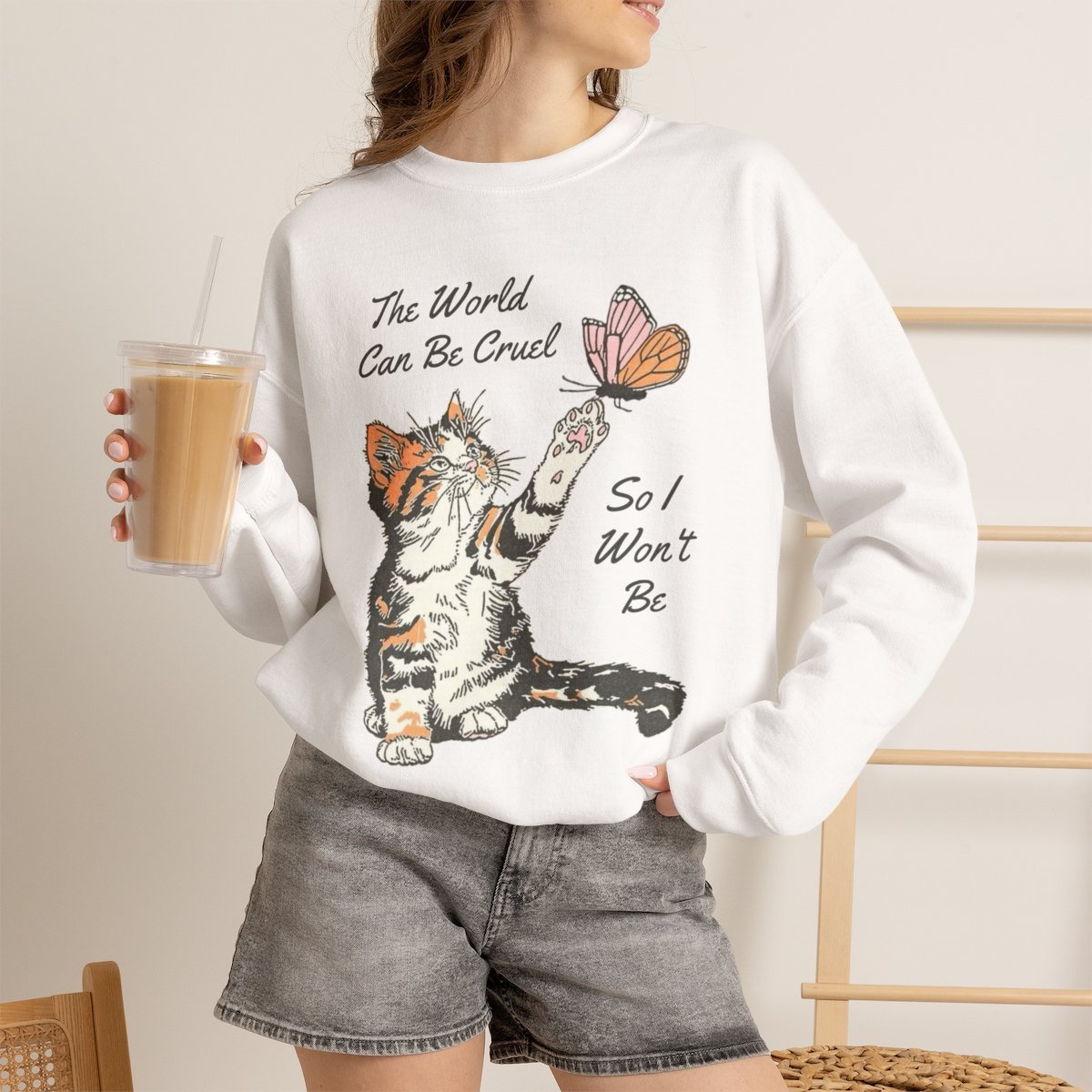 u2eyao.jpg Cute Kitten and Butterfly Wholesome Kindness Quote Unisex Crewneck Sweatshirt White
