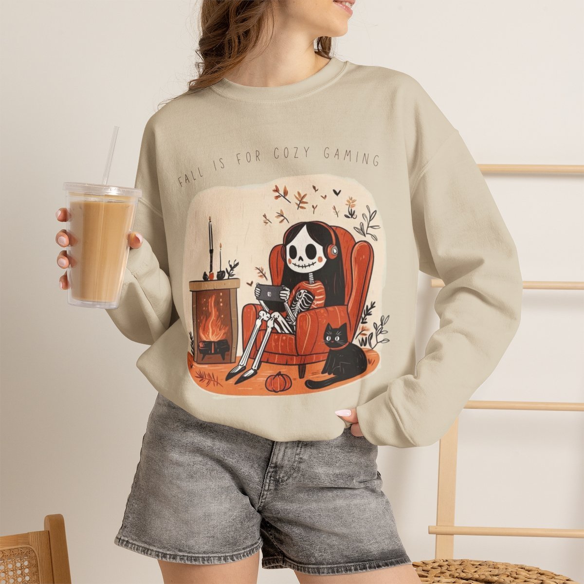 Unisex Cozy Gaming Skeleton Sweatshirt with Cute Cat | Fall Apparel & Gifts Sand