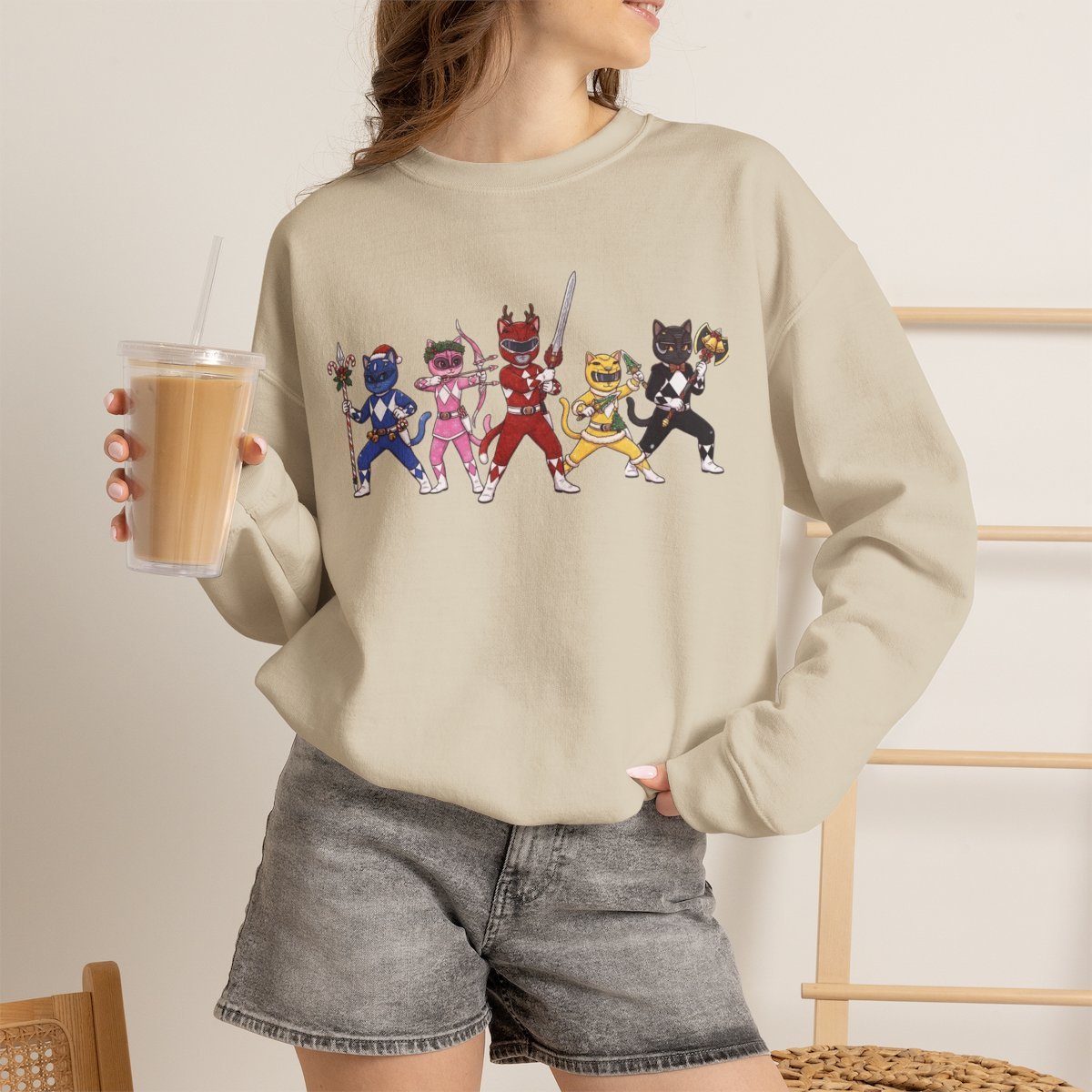 Festive Holiday Cat Ranger Unisex Sweatshirt for Cat Lovers Sand