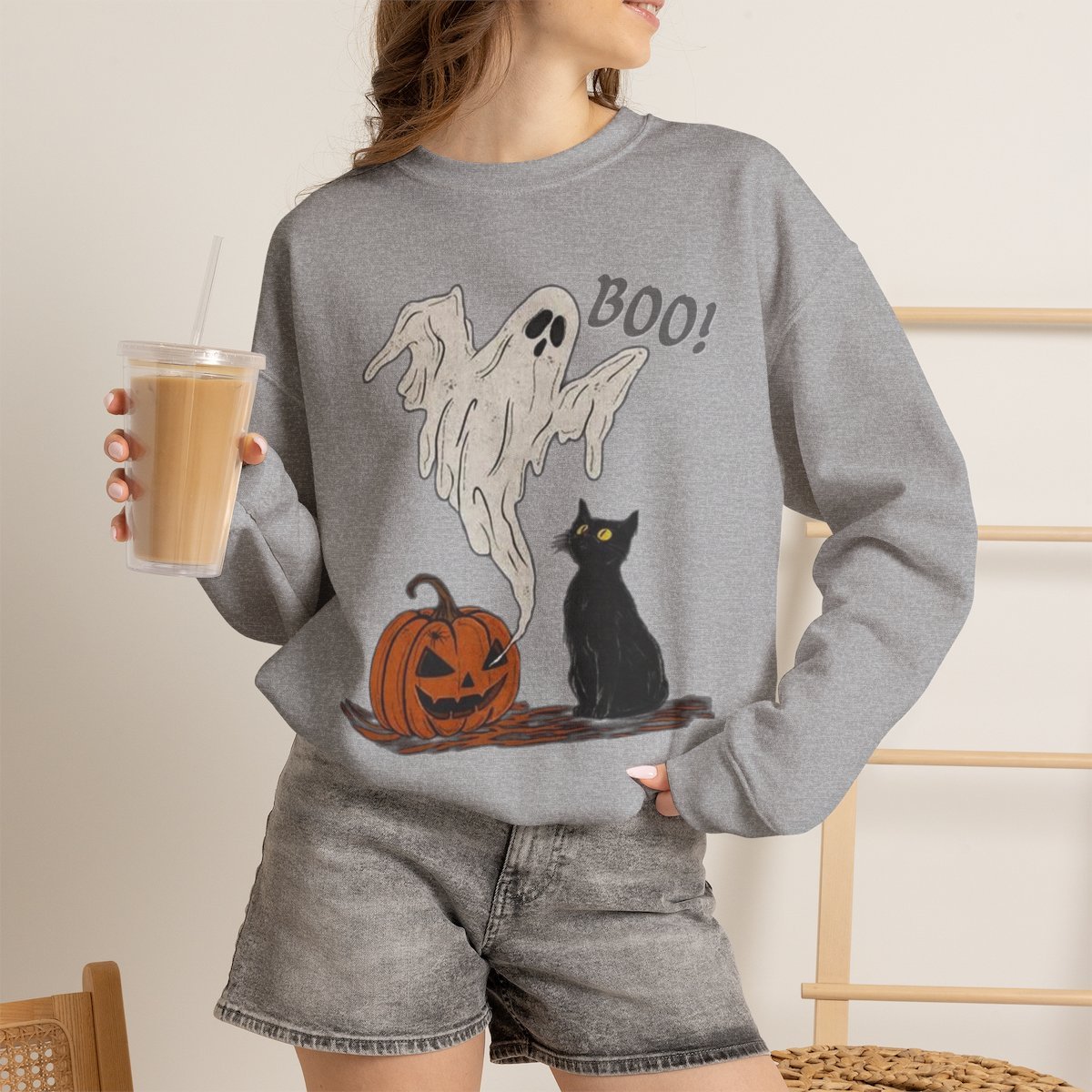 Spooky Ghost Cat Unisex Sweatshirt | Cute Halloween Pet Lover Gift Sport Grey