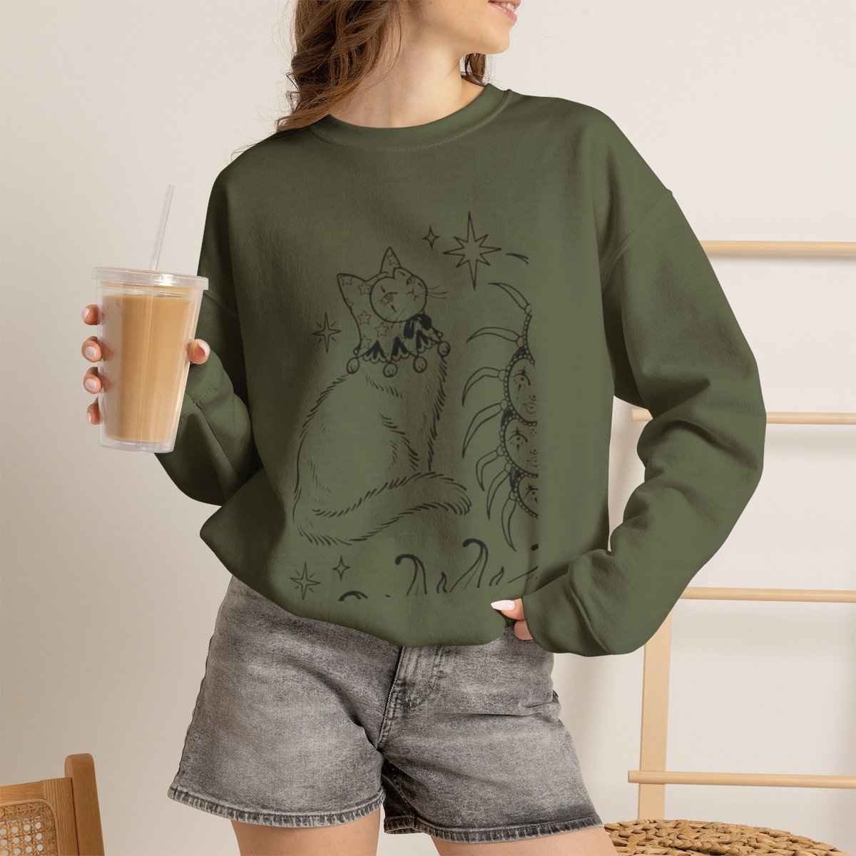 Celestial Cat Jester Unisex Sweatshirt | Mystical Pet Lover Apparel Military Green