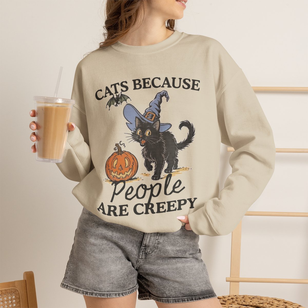 Unisex Cute Black Cat Witch Halloween Sweatshirt For Cat Lovers Sand