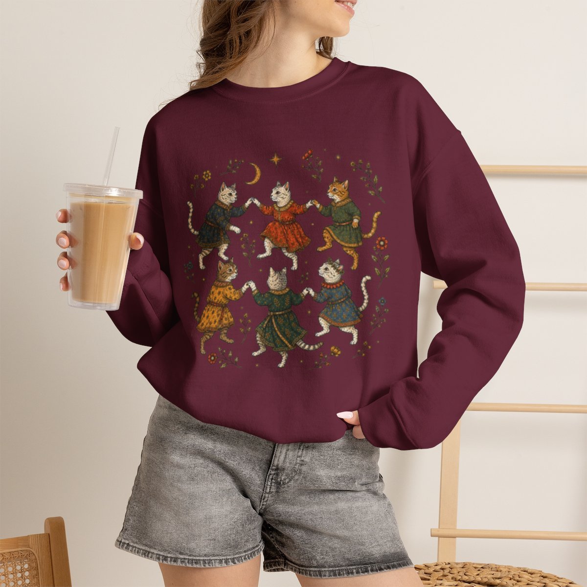 Unisex Cozy Dancing Cats Graphic Sweatshirt for Cat Lovers Maroon