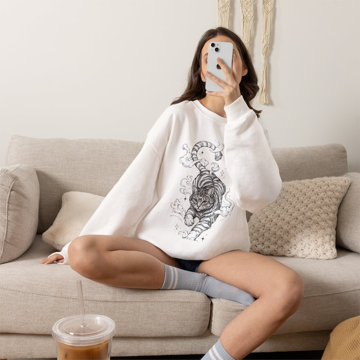Celestial Mystic Cat Unisex Sweatshirt | Witchy Feline Line Art Detail