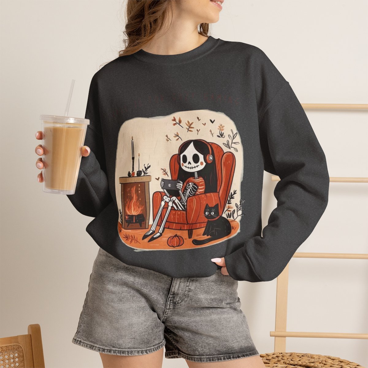 Unisex Cozy Gaming Skeleton Sweatshirt with Cute Cat | Fall Apparel & Gifts Dark Heather